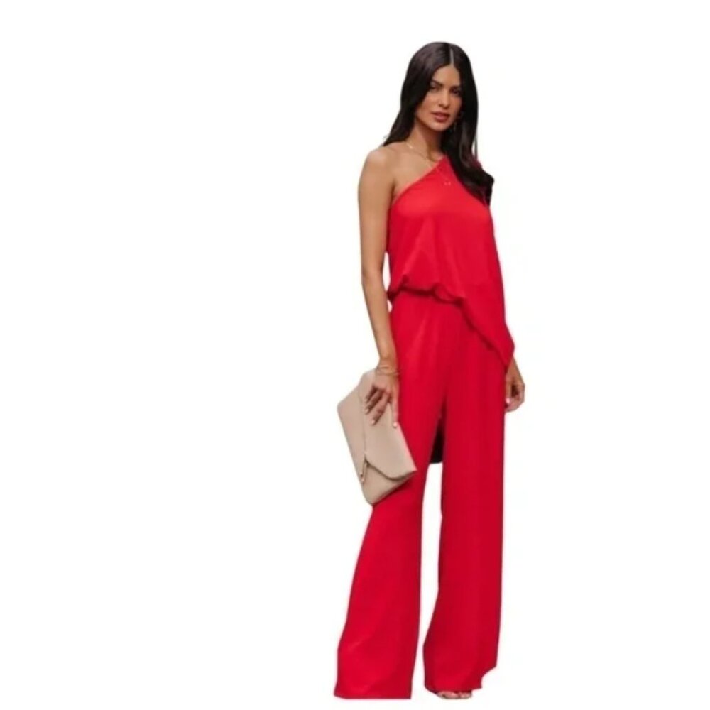 Vici One‎ Shoulder Relaxed Fit Wide Leg Fall Chic Vibrant Red Jumpsuit Small